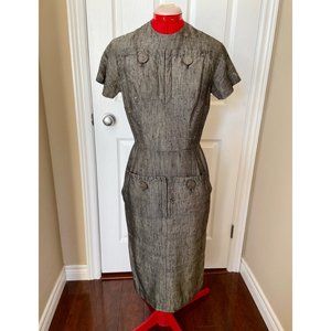 Vintage 960s “Samuel Winston by Roxanne” Grey Houndstooth Mad Men pencil dress